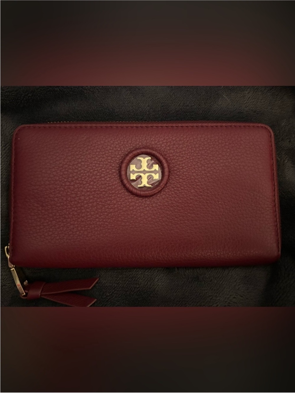 Tory Burch Burgundy Pebbled Leather Zip Wallet with Gold Logo